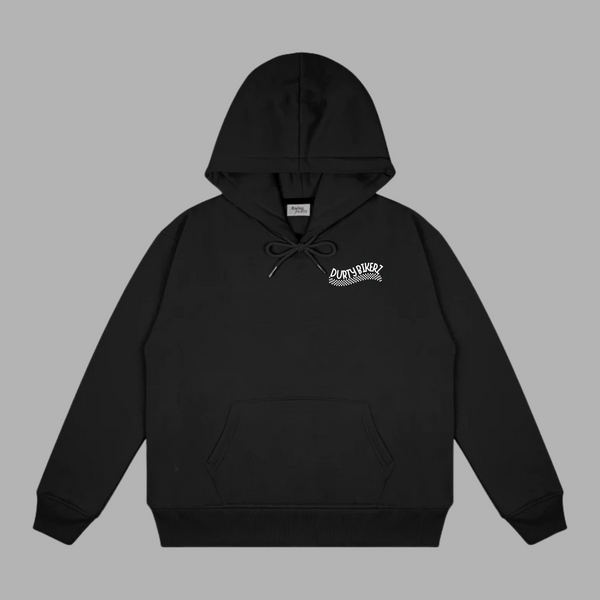 Black hoodie front view with Durty Bikerz logo on the chest, minimalist streetwear look