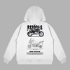 White hoodie with detailed BMW R1200GS blueprint and motorcycle illustration on the back