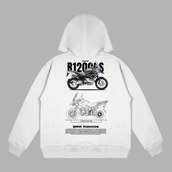 White hoodie with detailed BMW R1200GS blueprint and motorcycle illustration on the back