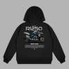 Black hoodie with detailed BMW R1250 GS artwork and technical specs on the back