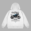 White hoodie featuring BMW R1250 GS with adventure-themed blueprint design on the back
