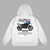 White hoodie featuring BMW R1250 GS with adventure-themed blueprint design on the back