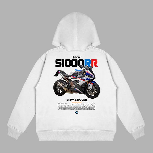 White hoodie with bold BMW S1000RR superbike design and blueprint technical graphics on the back