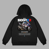Front view of white BMW S1000RR hoodie, minimalist biker design
