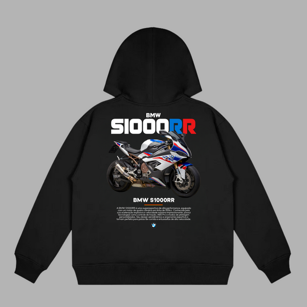 Front view of white BMW S1000RR hoodie, minimalist biker design