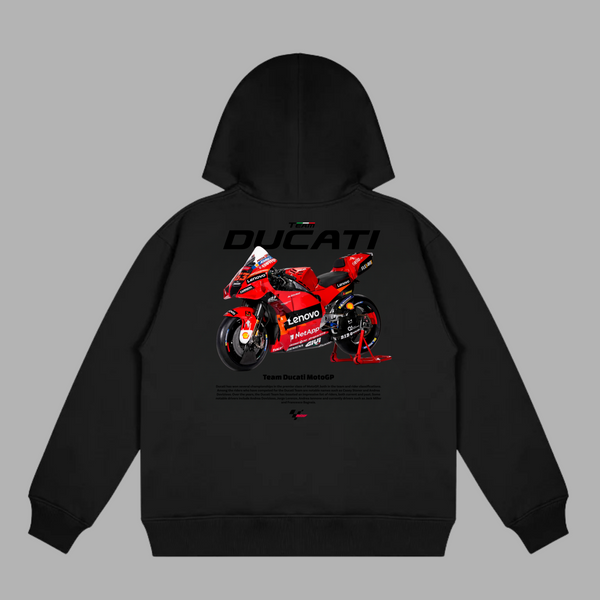 Black Ducati MotoGP hoodie with Ducati racing bike graphic in official MotoGP livery printed on the back
