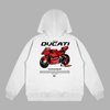 White Ducati MotoGP hoodie with Lenovo racing motorcycle design printed on the back