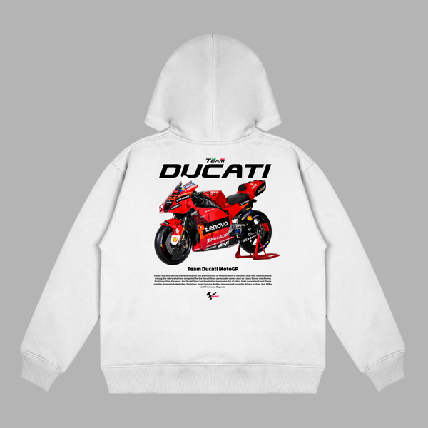 White Ducati MotoGP hoodie with Lenovo racing motorcycle design printed on the back