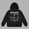 Black hoodie with Ducati Panigale V4 SP2 back design and detailed racing blueprint