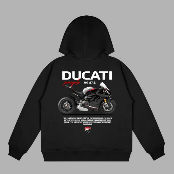 Black hoodie with Ducati Panigale V4 SP2 back design and detailed racing blueprint