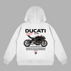 White hoodie featuring Ducati Panigale V4 SP2 superbike graphic and racing blueprint on the back