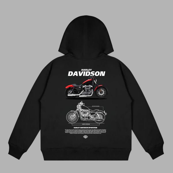 Black hoodie with vintage Harley-Davidson Sportster illustration and iconic biker look