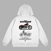 White hoodie with Harley-Davidson Sportster design and blueprint-style motorcycle graphic on the back