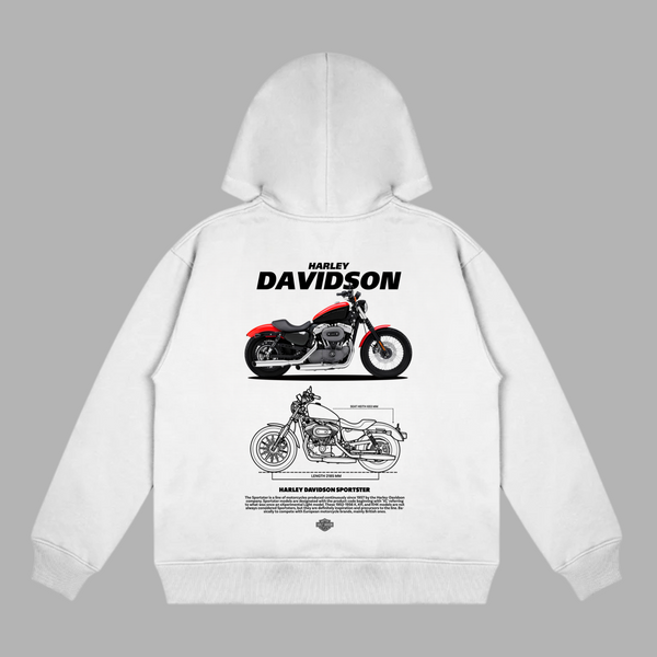 White hoodie with Harley-Davidson Sportster design and blueprint-style motorcycle graphic on the back