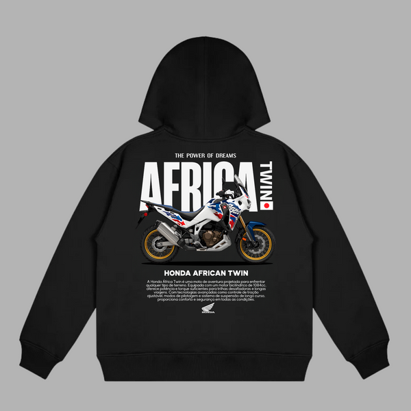 Black hoodie with Africa Twin print celebrating off-road heritage and Dakar styling