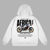 White hoodie with detailed Honda Africa Twin Dakar-inspired design and bold typography on the back