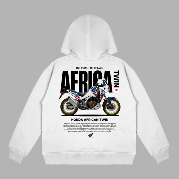 White hoodie with detailed Honda Africa Twin Dakar-inspired design and bold typography on the back