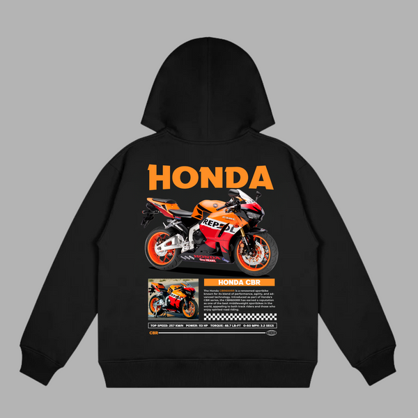 Black hoodie with striking Honda CBR Repsol MotoGP artwork and high-performance racing colors