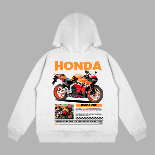 White hoodie featuring detailed Honda CBR Repsol design with MotoGP graphics and bold orange branding