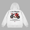 White Honda LCR MotoGP hoodie with racing motorcycle design in Idemitsu colors printed on the back
