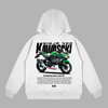 hoodie blanc avec design moto kawasaki ninja 400 krt dans le dos, vue arrière