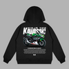 hoodie noir avec moto kawasaki ninja 400 krt imprimée dans le dos, vue arrière