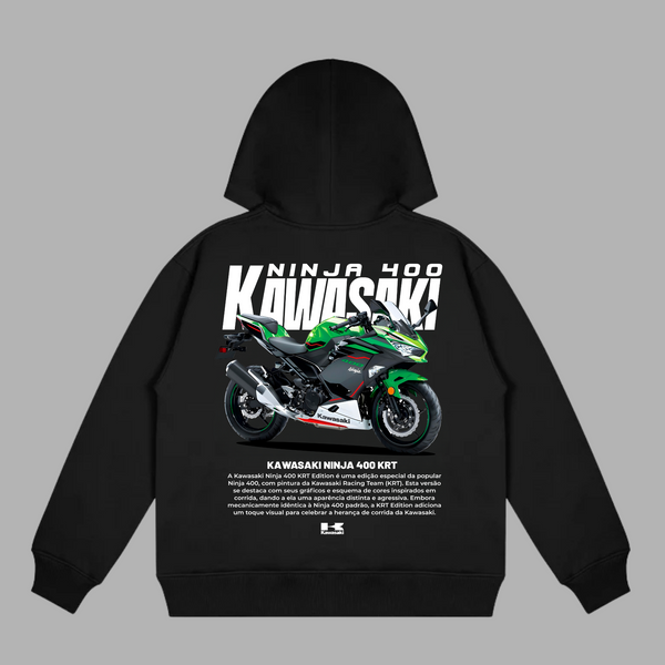 hoodie noir avec moto kawasaki ninja 400 krt imprimée dans le dos, vue arrière