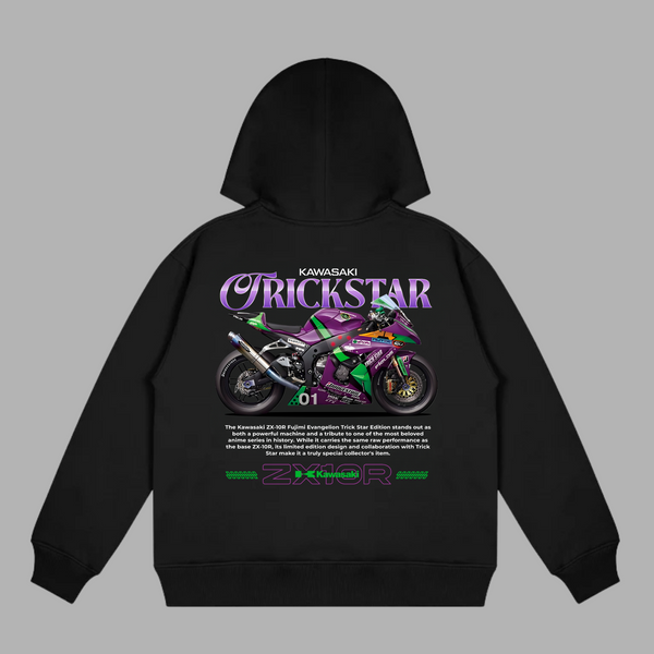 Black hoodie with vibrant Kawasaki ZX-10R Trickstar rear graphic inspired by Evangelion aesthetics