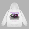 White hoodie featuring Kawasaki ZX-10R Trickstar design with anime-inspired livery and superbike specs