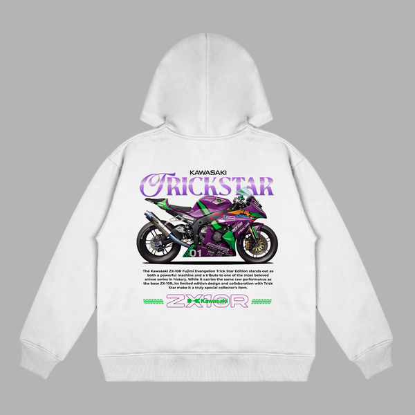White hoodie featuring Kawasaki ZX-10R Trickstar design with anime-inspired livery and superbike specs
