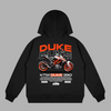 Black KTM Duke 390 hoodie with graphic design highlighting the streetfighter-style naked bike