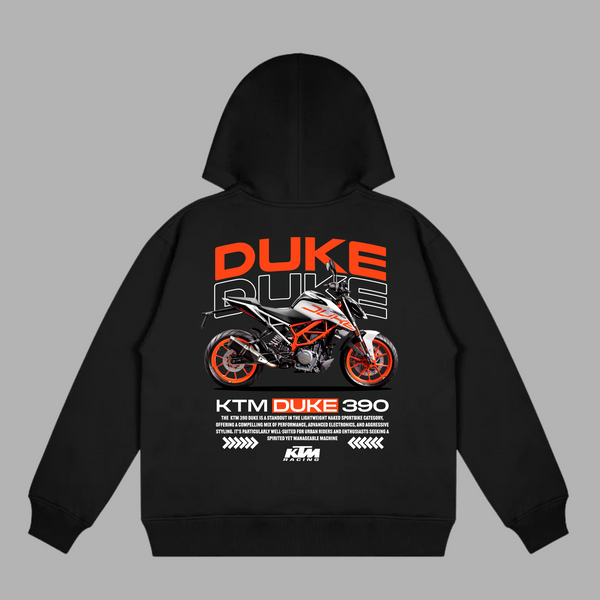 Black KTM Duke 390 hoodie with graphic design highlighting the streetfighter-style naked bike