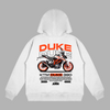 White KTM Duke 390 hoodie featuring bold technical artwork and aggressive naked bike styling