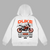White KTM Duke 390 hoodie featuring bold technical artwork and aggressive naked bike styling