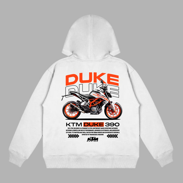 White KTM Duke 390 hoodie featuring bold technical artwork and aggressive naked bike styling