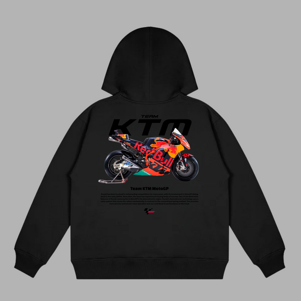 Black KTM MotoGP hoodie with bold Red Bull livery and KTM racing bike graphic on the back