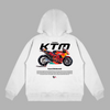 White KTM MotoGP hoodie with Red Bull racing motorcycle design printed on the back