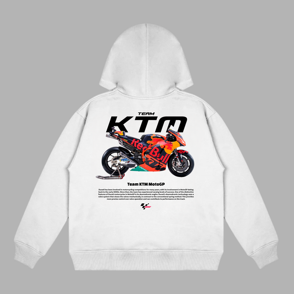 White KTM MotoGP hoodie with Red Bull racing motorcycle design printed on the back