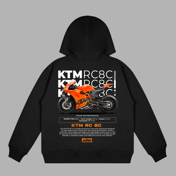Black KTM RC8C hoodie with detailed back print of the ultra-rare racing bike and specs