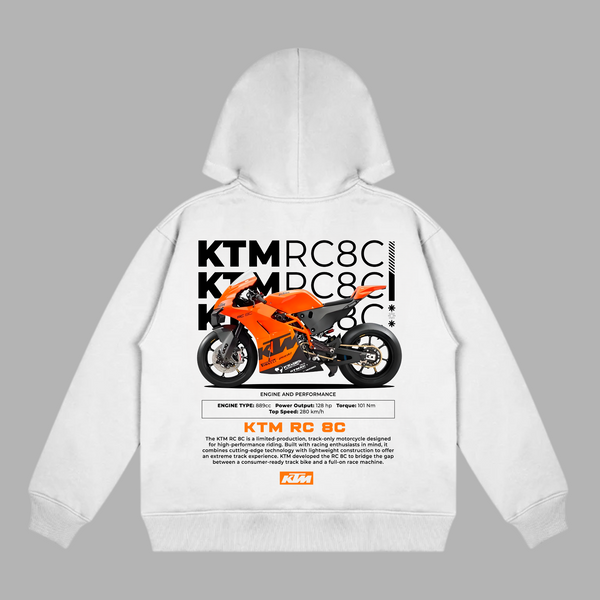 White KTM RC8C hoodie featuring the rare track-only bike with blueprint design on the back