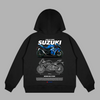 Black Suzuki GSX-R1000 hoodie featuring blueprint illustration and superbike detailing on the back