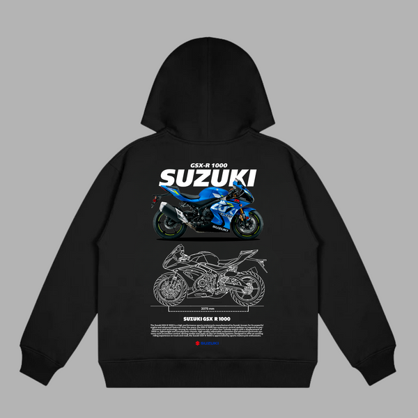 Black Suzuki GSX-R1000 hoodie featuring blueprint illustration and superbike detailing on the back