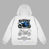 White Suzuki GSX-R1000 hoodie with blueprint-style motorcycle design on the back