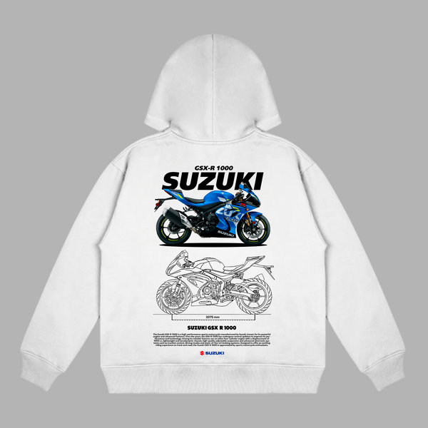 White Suzuki GSX-R1000 hoodie with blueprint-style motorcycle design on the back