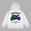 White Valentino Rossi MotoGP hoodie featuring Yamaha YZR-M1 bike and official sponsor graphics on the back