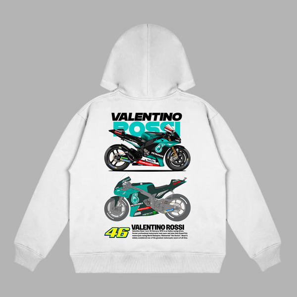 Hoodie blanc avec moto Petronas Yamaha Valentino Rossi vue de dos sur fond gris