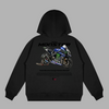 Black Yamaha MotoGP hoodie with Monster Energy livery and Yamaha racing bike graphic printed on the back