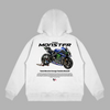 White Yamaha MotoGP hoodie with Monster Energy racing motorcycle design printed on the back