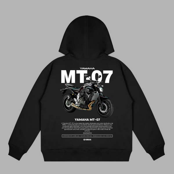 Black Yamaha MT-07 hoodie with striking motorcycle graphic printed on the back