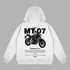 White Yamaha MT-07 hoodie with naked bike illustration printed on the back